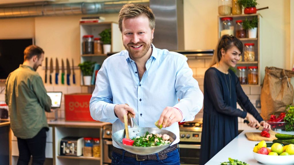 Gousto's Founder, Timo Boldt, cooking in the company kitchen