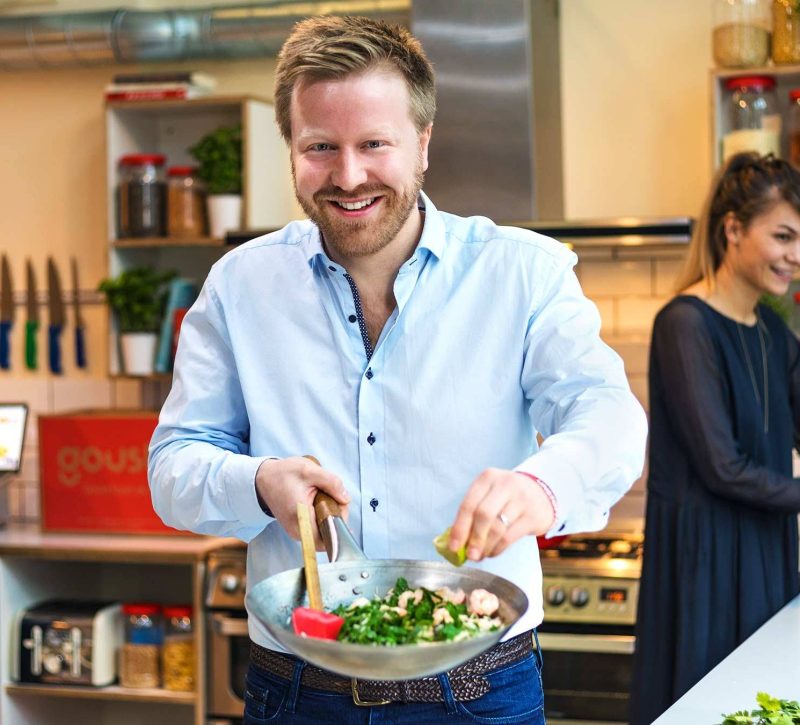 Gousto's Founder, Timo Boldt, cooking in the company kitchen