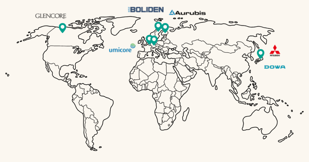 Map showing location of known pyrometallurgical smelters of e-waste across the world, and brands that own/operate them