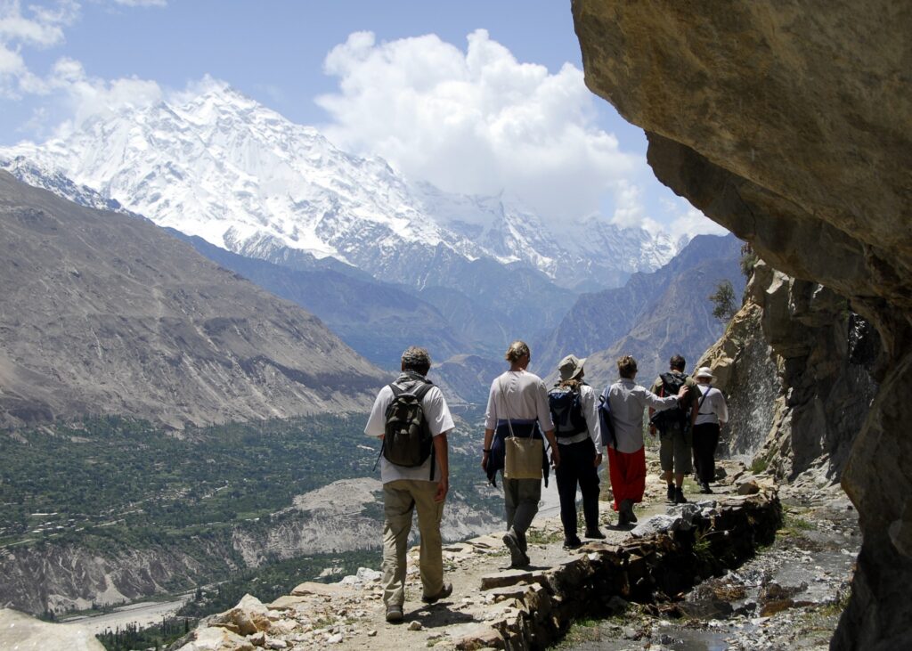 Tour group walking on a mountain